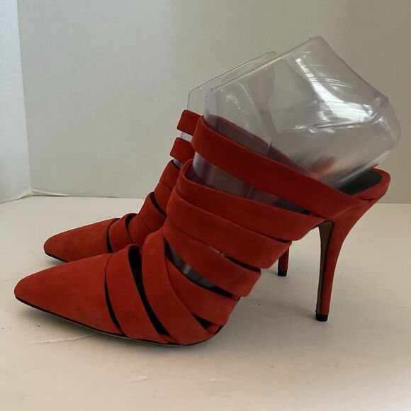 ALEXANDER WANG Red Suede STRAPPY BRITT MULE Sandals Pump Heels SZ 39.5 US 8.5 - Picture 4 of 13